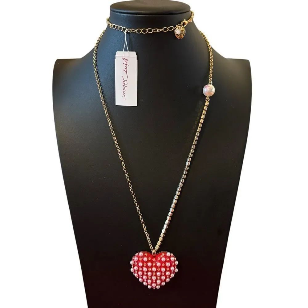 Adorable Large Red Enamel & Faux Pearl Heart Pendant Necklace